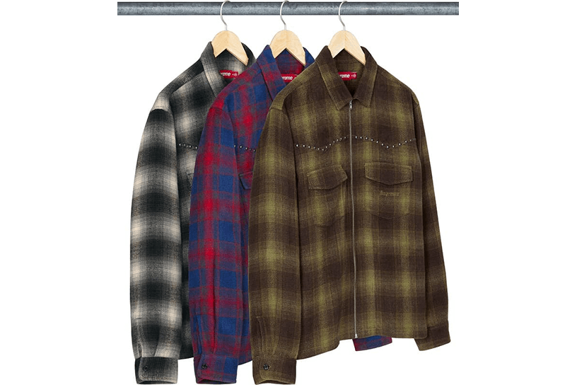 Studded Shadow Plaid Zip Up Shirt